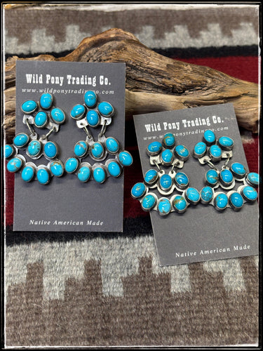 Jennifer Begay Denetclaw, Navajo silversmith. Sterling silver and Kingman turquoise chandelier earrings. 