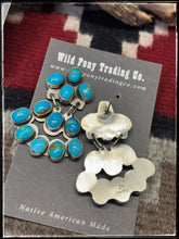 Load image into Gallery viewer, Jennifer Begay Denetclaw, Navajo silversmith. Sterling silver and Kingman turquoise chandelier earrings.   Hallmark stamp. 
