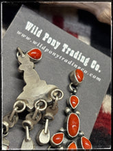 Load image into Gallery viewer, Travis Jim, Navajo silversmith.  Sterling silver and coral chandelier earrings  Hallmark stamp. 
