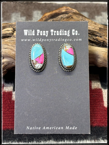 Eugene Belone, Navajo silversmith.  Sterling silver and cotton candy (composite stone) stud earrings. 