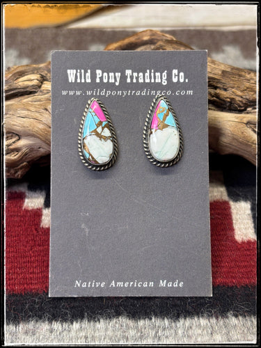 Eugene Belone, navajo silversmith.  Sterling silver and cotton candy (composite stone) earrings.