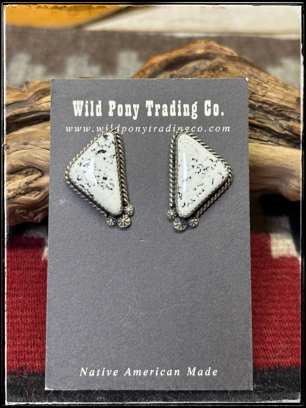 Virginia Becenti, Navajo silversmith.  Sterling silver and white magnesite, chocolate chip stud earrings. 