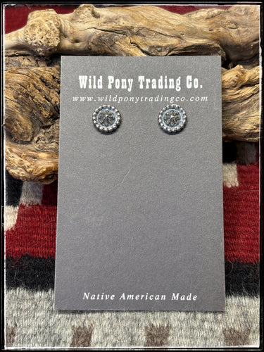 Sterling silver, button stud concho earrings. 