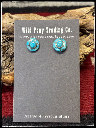 Sterling silver and turquoise, Zuni handmade button earrings. 