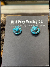 Load image into Gallery viewer, Sterling silver and turquoise, Zuni handmade button earrings. 
