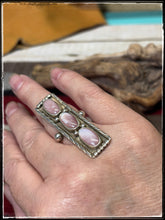 Load image into Gallery viewer, Pink shell bar ring from Navajo silversmith Priscilla Reeder. 
