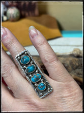 Load image into Gallery viewer, Priscilla Reeder Navajo silversmith. Sterling silver and 4 turquoise stone bar ring. 
