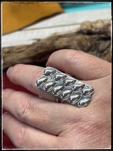 Load image into Gallery viewer, Sterling silver bump out bar ring from Navajo silversmith Priscilla Reeder. 
