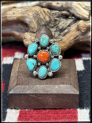Priscilla Reeder, Navajo silversmith. Turquoise & Orange Spiny Cluster Ring. 