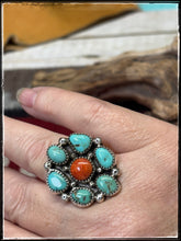 Load image into Gallery viewer, Priscilla Reeder, Navajo silversmith. Turquoise &amp; Orange Spiny Cluster Ring. 
