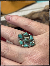 Load image into Gallery viewer, Priscilla Reeder, Navajo silversmith.  Sterling silver and turquoise cluster ring with an adjustable band. 
