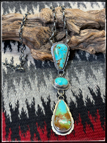 Elouise Kee , Navajo silversmith. Sterling silver and Kingman turquoise  triple drop necklace. 