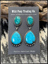 Load image into Gallery viewer, Freda Martinez, Navajo silversmith. Two tone, double drop, Kingman turquoise, post style earrings.  
