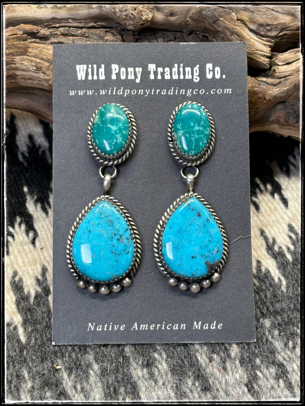 Freda Martinez, Navajo silversmith. Two tone, double drop, Kingman turquoise, post style earrings.  