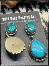 Load image into Gallery viewer, Freda Martinez, Navajo silversmith. Two tone, double drop, Kingman turquoise, post style earrings.   Hallmark stamp. 
