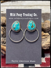 Load image into Gallery viewer, Byron Begay, Navajo silversmith.  Sterling silver and Kingman turquoise teardrop studs with fixed hoops.  

