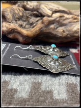 Load image into Gallery viewer, Jenny Blackgoat, Navajo silversmith.  Sterling silver and turquoise concho style earrings on French wires.  
