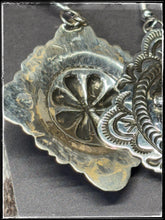 Load image into Gallery viewer, Jenny Blackgoat, Navajo silversmith.  Sterling silver and turquoise concho style earrings on French wires.    Hallmark stamp. 
