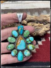 Load image into Gallery viewer, Annie Spencer, Navajo silversmith.  Sterling silver and mixed Sonoran turquoise pendant.
