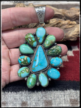 Load image into Gallery viewer, Annie Spencer, Navajo silversmith.  Sterling silver and mixed Sonoran turquoise pendant.
