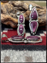 Load image into Gallery viewer, Robert Shakey Navajo silversmith.  Sterling silver and purple spiny shell pendants. 
