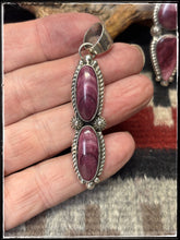 Load image into Gallery viewer, Robert Shakey Navajo silversmith.  Sterling silver and purple spiny shell pendants. Option A
