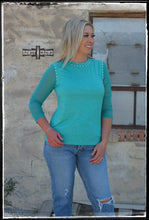 Load image into Gallery viewer, Long sleeve top studded around the neck and shoulders.  The long sleeves are sheer.
