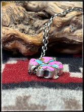 Load image into Gallery viewer, Conovan Skeets, Navajo silversmith.  Sterling silver and Cotton Candy (composite material) quad heart pendant.
