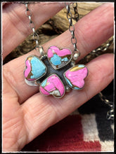 Load image into Gallery viewer, Conovan Skeets, Navajo silversmith.  Sterling silver and Cotton Candy (composite material) quad heart pendant.

