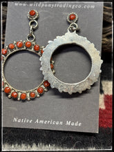 Load image into Gallery viewer, Phyllis Laati, Zuni artist.  Sterling silver and coral dot hoop and post earrings. Signature  on the back. 
