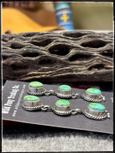Load image into Gallery viewer, Freda Martinez Navajo silversmith.  Sterling silver and sonoran Gold turquoise drop earrings. 
