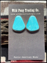 Load image into Gallery viewer, Eugene Gruber, Navajo silversmith.  Sterling silver and brilliant blue turquoise , larger stud earrings. 
