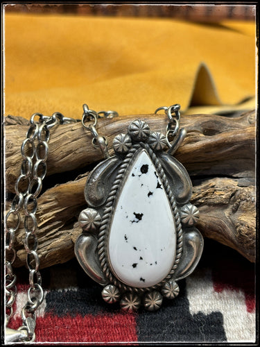 Jeff James Jr. Navajo silversmith.  Sterling silver and White Buffalo teardrop necklace.