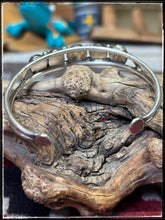 Load image into Gallery viewer, Priscilla Reeder, Navajo silversmith.  Sterling silver and 5 Kingman turquoise stone row cuff. Hallmark stamps. 
