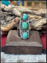 Load image into Gallery viewer, Priscilla Reeder, Navajo silversmith.  Sterling silver and green turquoise, 3 stone ring. 
