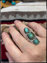 Load image into Gallery viewer, Priscilla Reeder, Navajo silversmith.  Sterling silver and green turquoise, 3 stone ring. 
