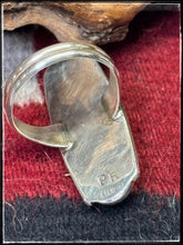 Load image into Gallery viewer, Priscilla Reeder, Navajo silversmith.  Sterling silver and green turquoise, 3 stone ring.  Hallmark stamp. 
