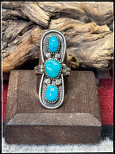 Load image into Gallery viewer, Priscilla Reeder, Navajo silversmith.  Sterling silver and  turquoise, 3 stone ring. 
