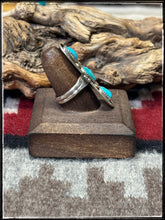 Load image into Gallery viewer, Priscilla Reeder, Navajo silversmith.  Sterling silver and  turquoise, 3 stone ring. 
