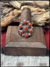 Load image into Gallery viewer, Priscilla Reeder, Navajo silversmith.  Sterling silver and coral cluster ring.  
