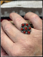 Load image into Gallery viewer, Priscilla Reeder, Navajo silversmith.  Sterling silver and coral cluster ring.  
