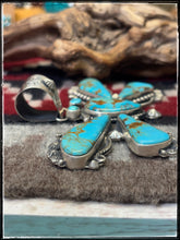 Load image into Gallery viewer, Rossella Paxson, Apache silversmith.  Sterling silver and Kingman turquoise XL butterfly pendant with an XL bail. 
