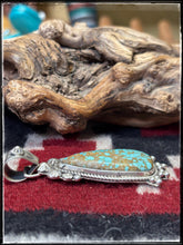 Load image into Gallery viewer, Rosella Paxson, Apache artist.  Sterling silver and #8 turquoise pendant. 
