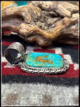 Load image into Gallery viewer,  Rosella Paxson, Apache silversmith.  Sterling silver and Royston turquoise pendant. 
