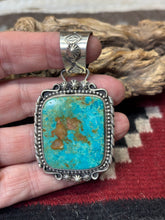 Load image into Gallery viewer, Rosella Paxson, Apache silversmith.  Sterling silver and Royston turquoise pendant. 
