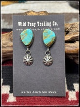 Load image into Gallery viewer, Jacqueline Silver, Navajo silversmith.  Sterling silver and turquoise earrings with starshot dangles.  Option A 
