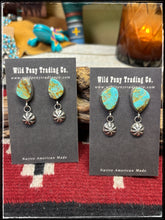 Load image into Gallery viewer, Jacqueline Silver, Navajo silversmith.  Sterling silver and turquoise earrings with starshot dangles.  
