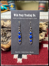 Load image into Gallery viewer, Geneva Apachito, Navajo silversmith.  Sterling silver and Lapis Lazuli triple stone drop earrings on French wires. 
