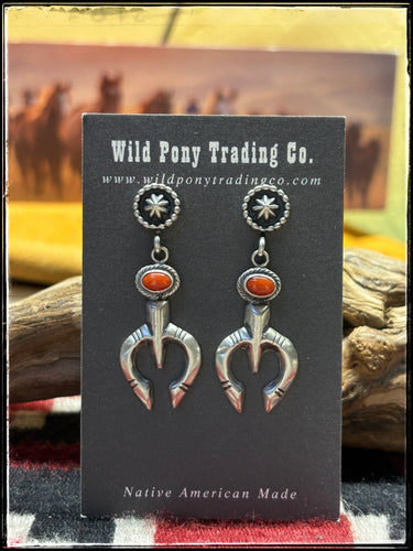 Gary Shorty, Navajo silversmith.  Sterling silver and coral Naja earrings. 