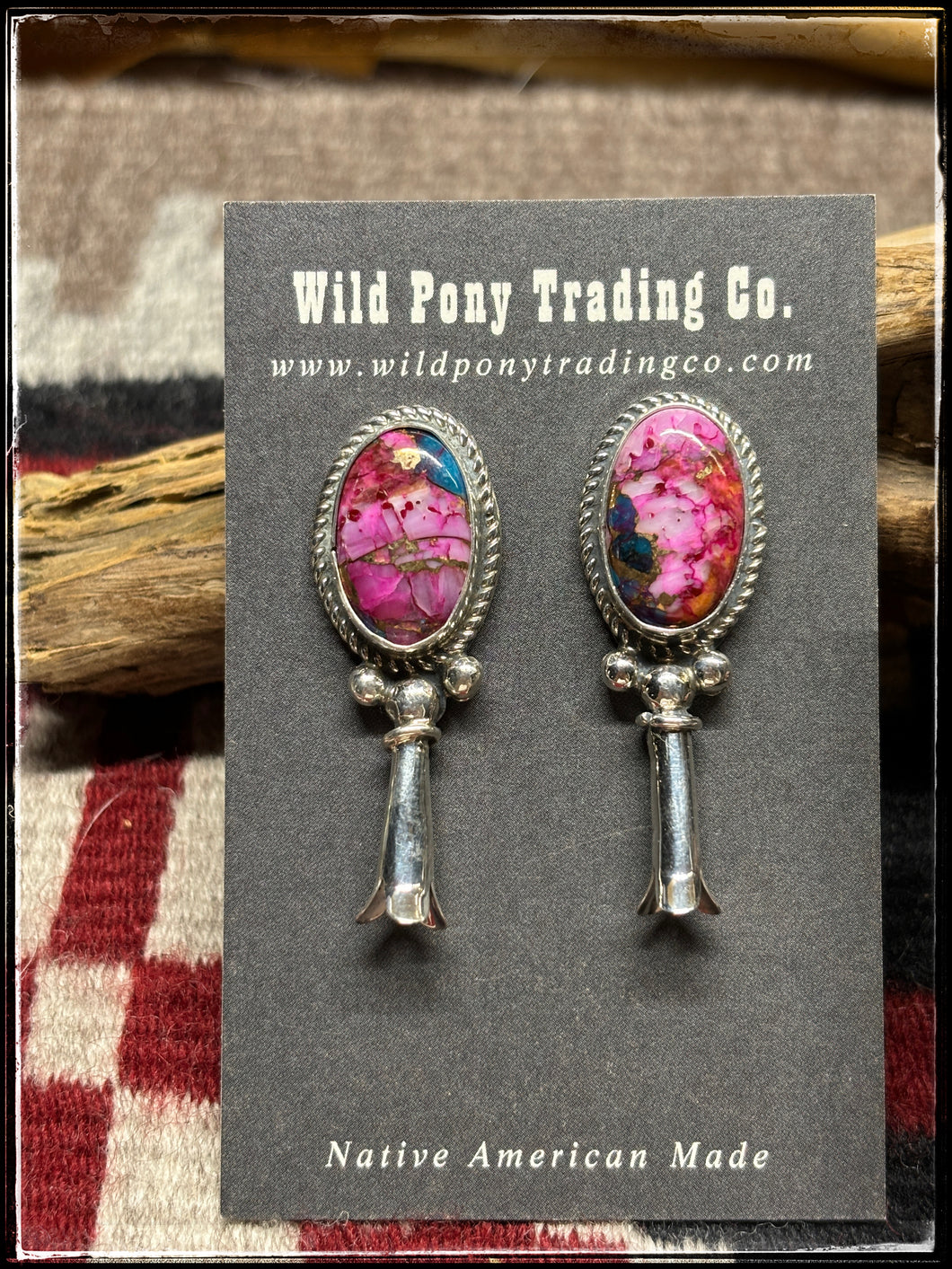 Ernest Bo Reeder, Navajo silversmith.  Sterling silver and a variety of composite stones, handmade blossom , post style earrings.   Pink Dahlia stone. 